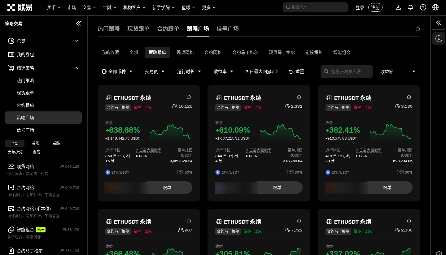 欧易策略交易和合约跟单怎么选:网格马丁还是跟交易员-传奇量化